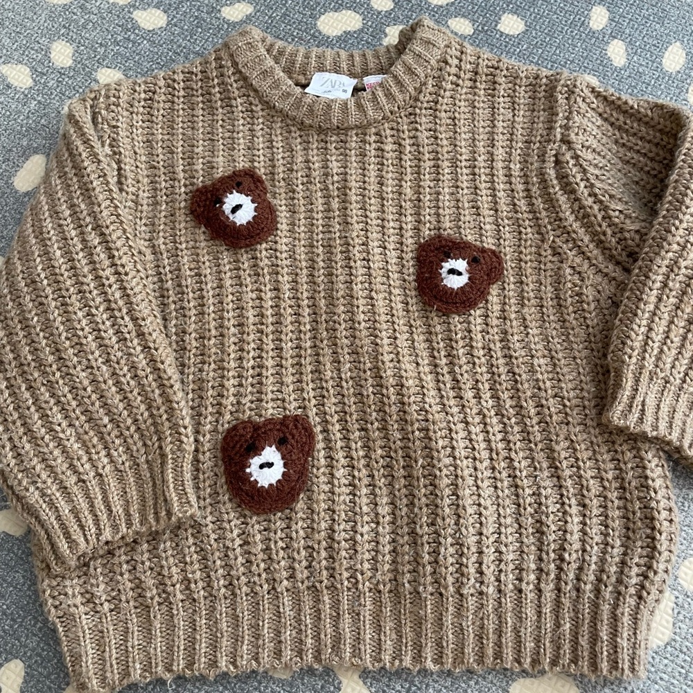 Zara Tan Knit Sweater with Bear Accents
